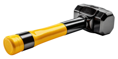 Heavy-Duty Sledgehammer: A close-up studio shot of a heavy-duty sledgehammer featuring a sturdy black head and a vibrant yellow handle, is a symbol of strength and power.