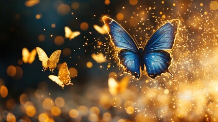 Golden-lit, blue butterfly surrounded by others