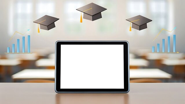 Tablet displaying graduation caps and charts education