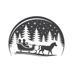 Horse drawn sleigh ride through snowy forest trees