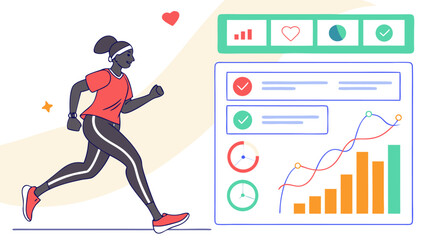 A woman running and tracking her fitness progress on a digital dashboard with charts and graphs showing performance metrics and achievements