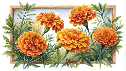Fototapeta premium Watercolor Painting of Marigolds in a Wooden Frame with Green Leaves