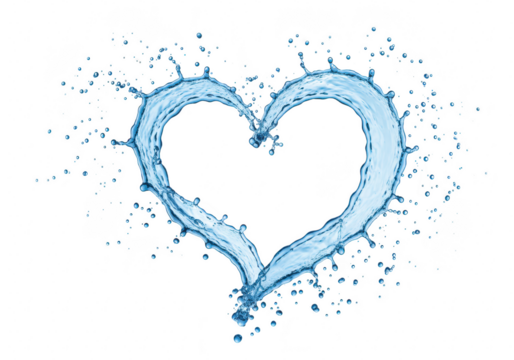 A heart shape is formed by a dynamic splash of clear blue water isolated on transparent background