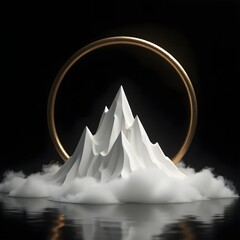 Abstract white mountain peak emerges from clouds within a golden ring