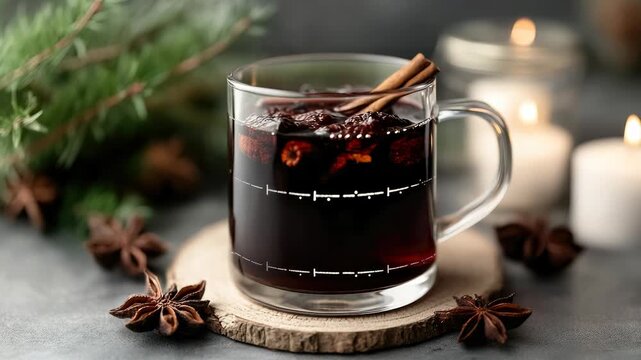 Warm winter beverage in glass mug with cinnamon stick and spices, surrounded by star anise and glowing candles, creating a cozy festive atmosphere.