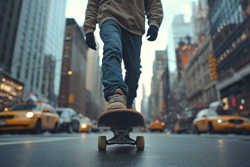 Close-up of a man skating in the city, showcasing stylish skateboarding as a form of sport and personal lifestyle, Generative AI