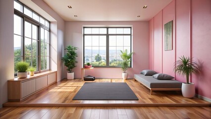 A modern empty living room design features a comfortable wooden floor and a large window providing ample natural light