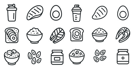 Food and nutrition outline icons set – healthy, meal, diet planning symbols