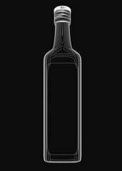 A black and white contour illustration of a gin bottle on a dark background. The cylindrical bottle features a wide neck and narrow opening