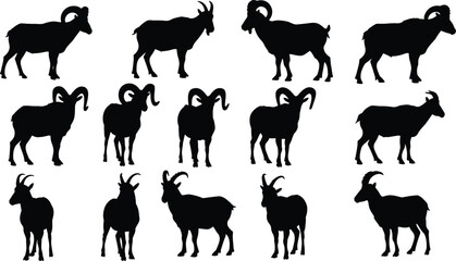 Set of Wild Goat and Ram Silhouettes, Horned Animal Vector Icons, Wildlife Illustration for Logo, Sticker, Tattoo or Design Use