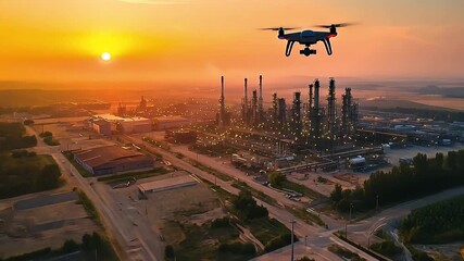 Aerial View of Industrial Oil Refinery at Sunset with Drone Flying Above Golden Lit Structures and Sky - Powered by Adobe