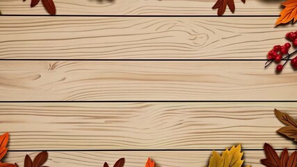 Color video of leaves and vegetables on wooden background. Autumn illustrative video for greeting cards, wedding invitations and decorations. Thanksgiving flat lay, clip background with copy space.