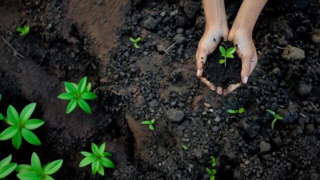 Hands holding a young sprout in the soil symbolize growth and care for nature. Can be used to advertise environmental initiatives and horticultural products.
