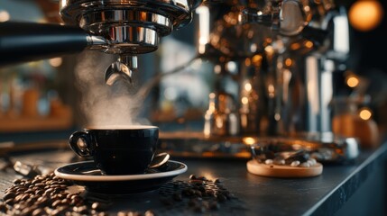 The steaming cup of espresso and brewing equipment in a modern cafe.
