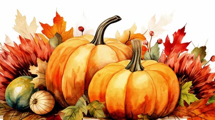 Watercolor video of leaves and vegetables on light background. Autumn greeting video cards, wedding invitations and decorations. Thanksgiving flat lay, aquarel background with copy space.