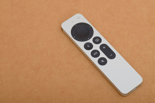 Klang, Malaysia: July 24th, 2025- Close-Up of Apple TV Remote on Minimalist Background &ndash; Modern Streaming Technology
