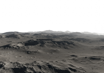 The desolate lunar landscape reveals a rugged terrain dotted with craters and distant mountains isolated on transparent background