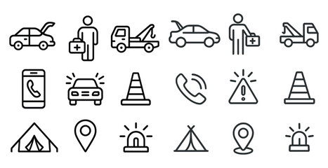 Transport and safety line icons set – outline, flat, travel and emergency symbols