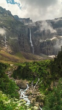 Time-lapse of mist lifting at the Cirque de Gavarnie, a UNESCO World Heritage site in the French Pyrenees with the highest waterfall in mainland France