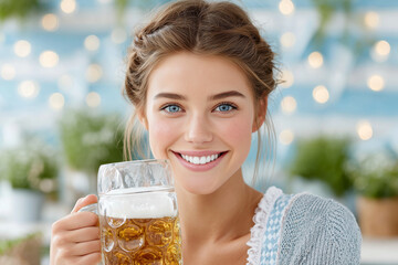 A woman is holding a mug of beer