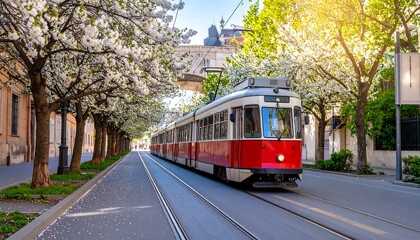 Obraz premium A vibrant red tram amidst blossoming trees in a charming European city