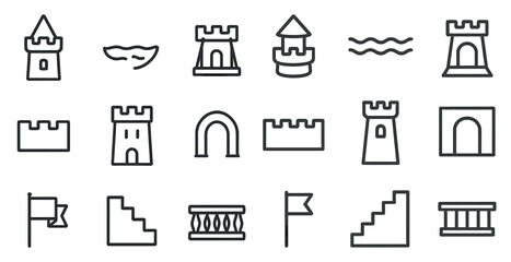 Medieval architecture outline icons set – castles, towers, and fortifications