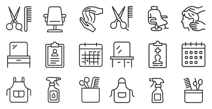 Barber and salon outline icons set – flat, linear, hairdressing and grooming symbols