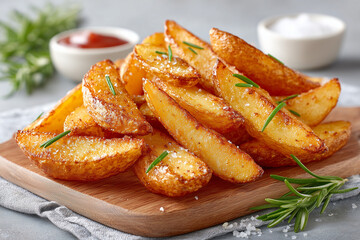 A plate of potato wedges with parsley on top