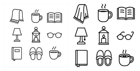Cozy home outline icons set – flat, linear, warm and inviting living symbols
