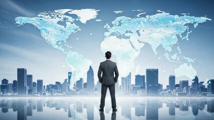 A businessman stands confidently in front of a futuristic cityscape, gazing at a glowing world map symbolizing global business and connectivity - Powered by Adobe