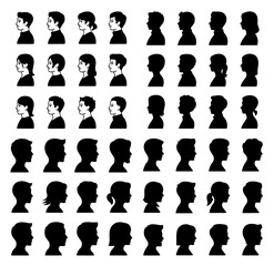  Children's Profile Silhouette Icon Set Boy & Girl Head Avatars
