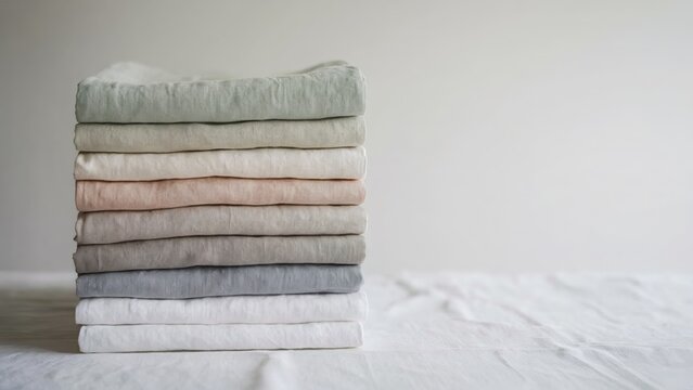 A brand-new stack of light-colored cotton and linen textiles with a freshness theme. Generative AI