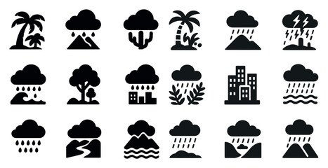 Weather and nature icons set – silhouette, solid, climate and environment symbols