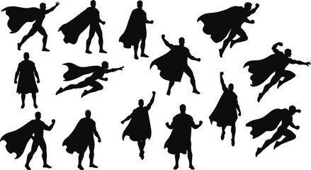 Superhero silhouette vector illustration set with cape, flying and action poses, male hero icon collection, flat comic clipart.