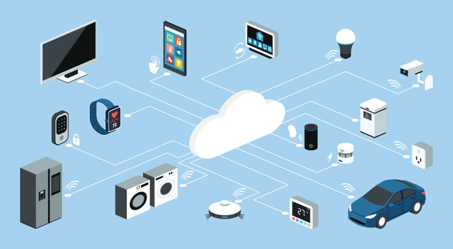Internet of Things or IoT concept with smart devices including appliances, wearables, home automation, cloud services, and remote control systems for modern living, flat vector illustration