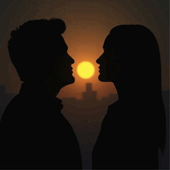 Silhouette of two people facing each other against sunset background  