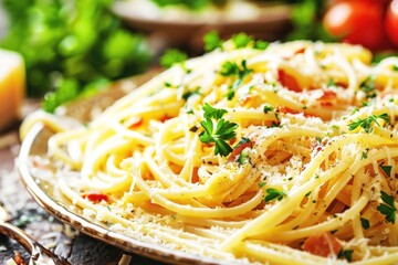 Delicious spaghetti with fresh herbs and grated cheese served on a rustic table