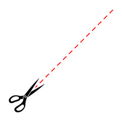 Black icon of open scissors with a dashed red line showing cutting direction, without background