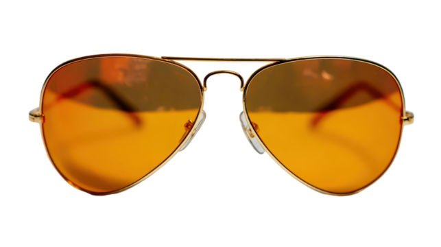 Aviator sunglasses with orange lenses and gold frames provide stylish eye protection from sunlight glare
