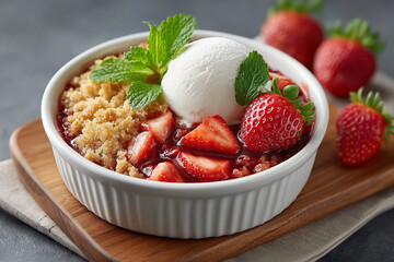 A bowl of fruit with strawberries and ice cream