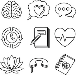 Mental Health & Therapy Line Icon Set – Vector Illustrations for Counseling, Support, and Wellness Apps