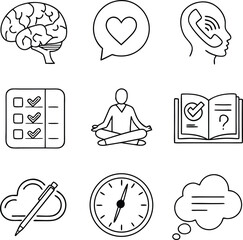 Mental Health & Therapy Line Icon Set – Vector Illustrations for Counseling, Support, and Wellness Apps