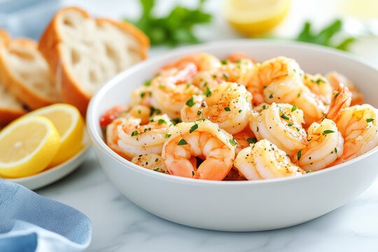 A white bowl of shrimp with lemon slices on the side