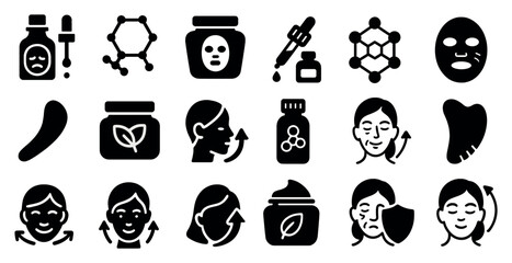 Skincare solid icons set – beauty, wellness, spa treatment symbols