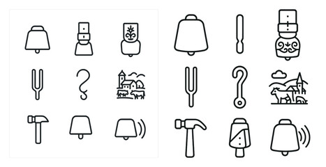 Medieval instrument outline icons set – line art, historical, musical symbols