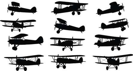 Vintage biplane silhouette vector set, black retro aircraft illustrations in various flight angles, antique aviation design for graphic use. © CreativeArtist
