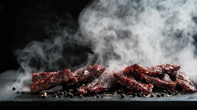 Smoked beef jerky on dark surface with smoky vapor