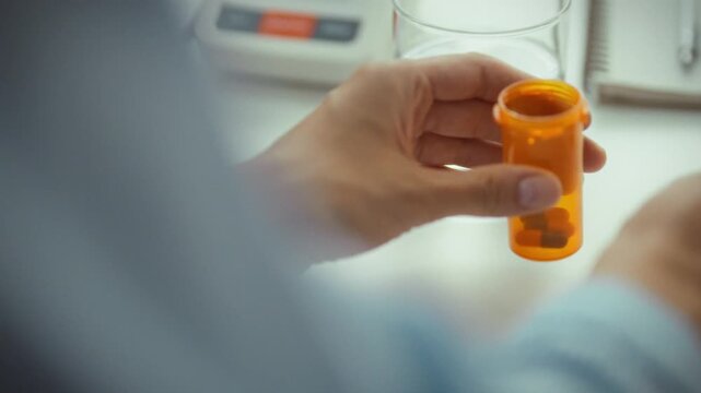 Close-up of a girl pouring orange capsule tablets onto her hand preparing to take a daily dose of medication. Preventive intake of vitamins at home girl takes out capsule tablets