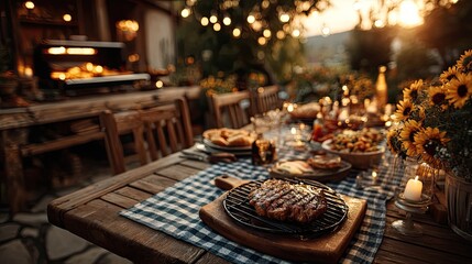 Naklejka premium Backyard grill summer evening scene, outdoor barbecue party, leisure cooking moment, cozy patio design, warm sunset art
