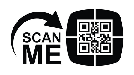 Minimalist black and white graphic design with bold 'SCAN ME' text, curved arrow, and hollow rectangles creating a QR code scan effect. Clean lines, symmetrical composition. Ideal for apps, websites,
